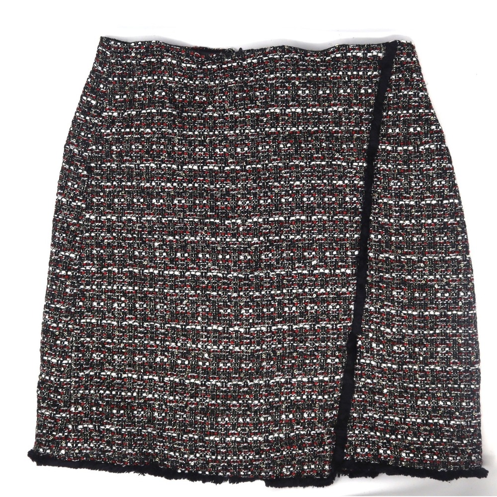 Red Black Tweed Skirt 0P LOFT Women Faux Wrap Sequin Fringe Mini Academia Goth